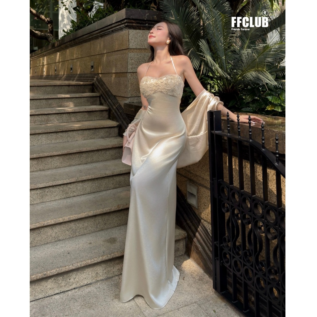 [TẶNG KÈM MÚT] Đầm Lụa Hở lưng FLORAL phối Ren hoa tôn dáng FFCLUB - Đầm lụa dự tiệc, tốn dáng