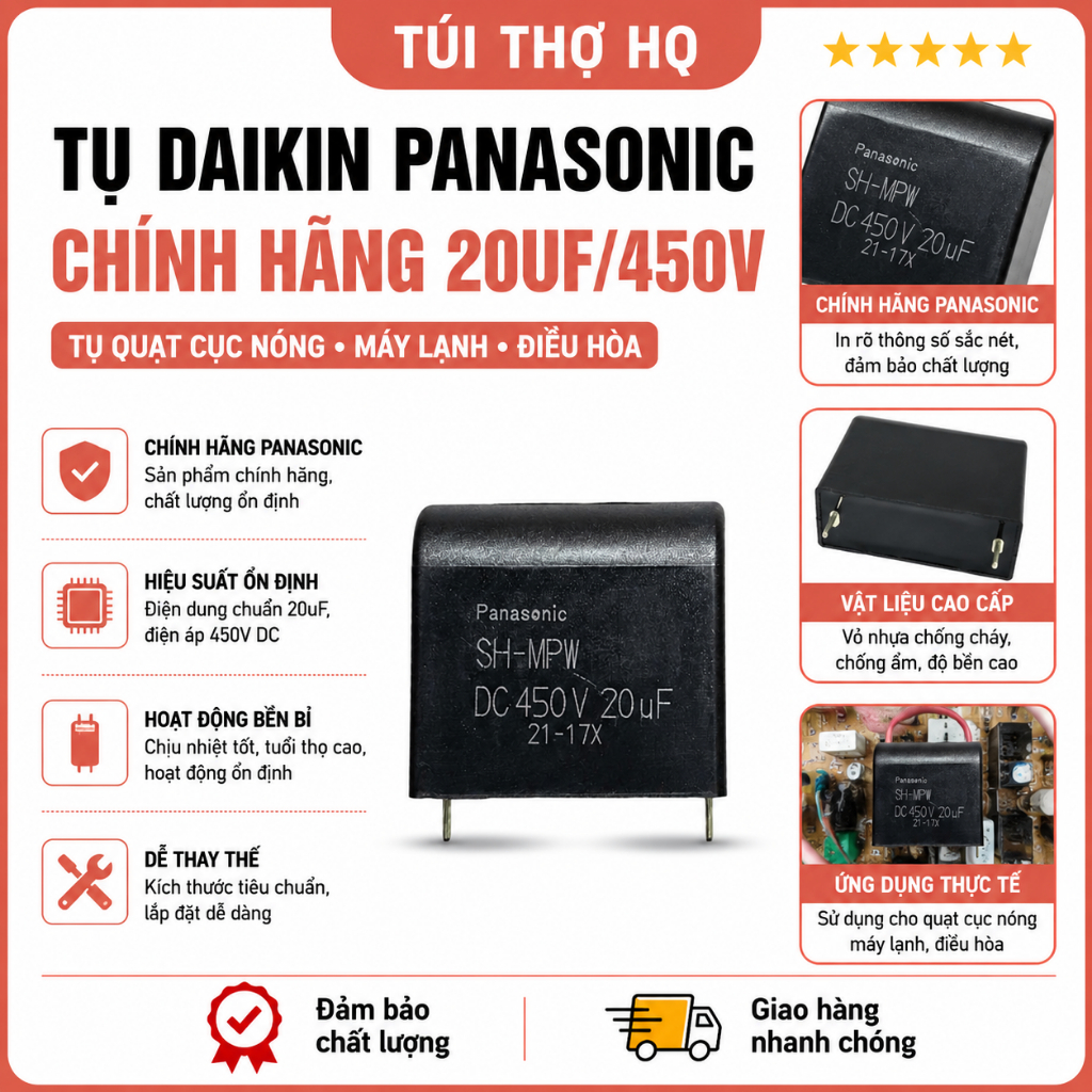 Tụ điều hoà Daikin chính hãng 20uF DC450V tụ panasonic 20uf thay thế cho casper daikin