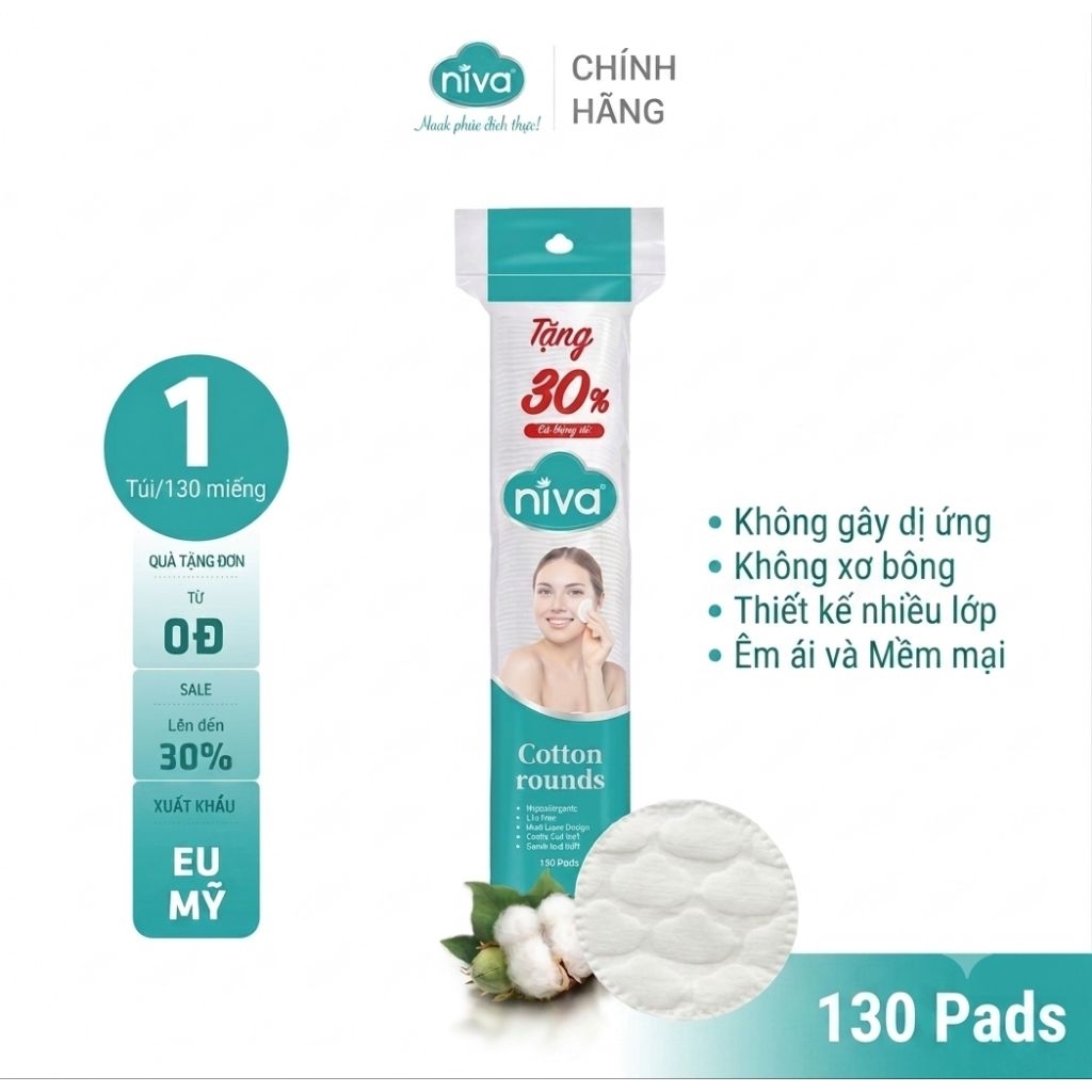 Bông Tẩy Trang NIVA CZ2 Tròn 100 Miếng + 30 Miếng - 100% Cotton Tự Nhiên, Dịu Nhẹ Cho Da Nhạy Cảm