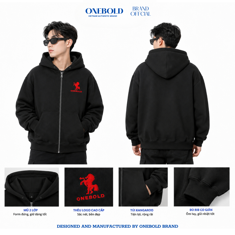 Áo Khoác HOODIE ZIP "THÊU NGỰA" ONEBOLD Chất Nỉ Chân Cua 380GSM,Áo Nỉ Form Rộng Mũ To Nam Nữ Basic | BigBuy360 - bigbuy360.vn