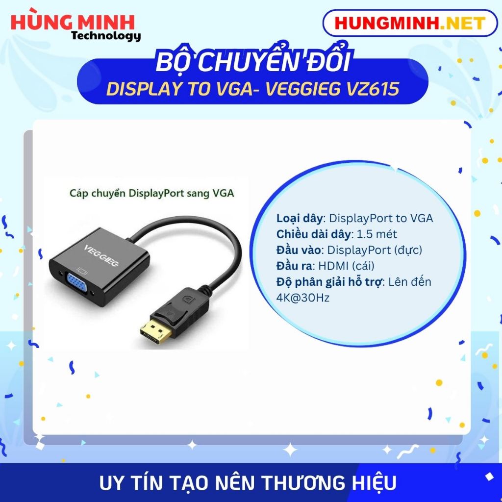 Cáp chuyển Displayport sang VGA VEGGIEG V-Z615 (MÀU ĐEN)