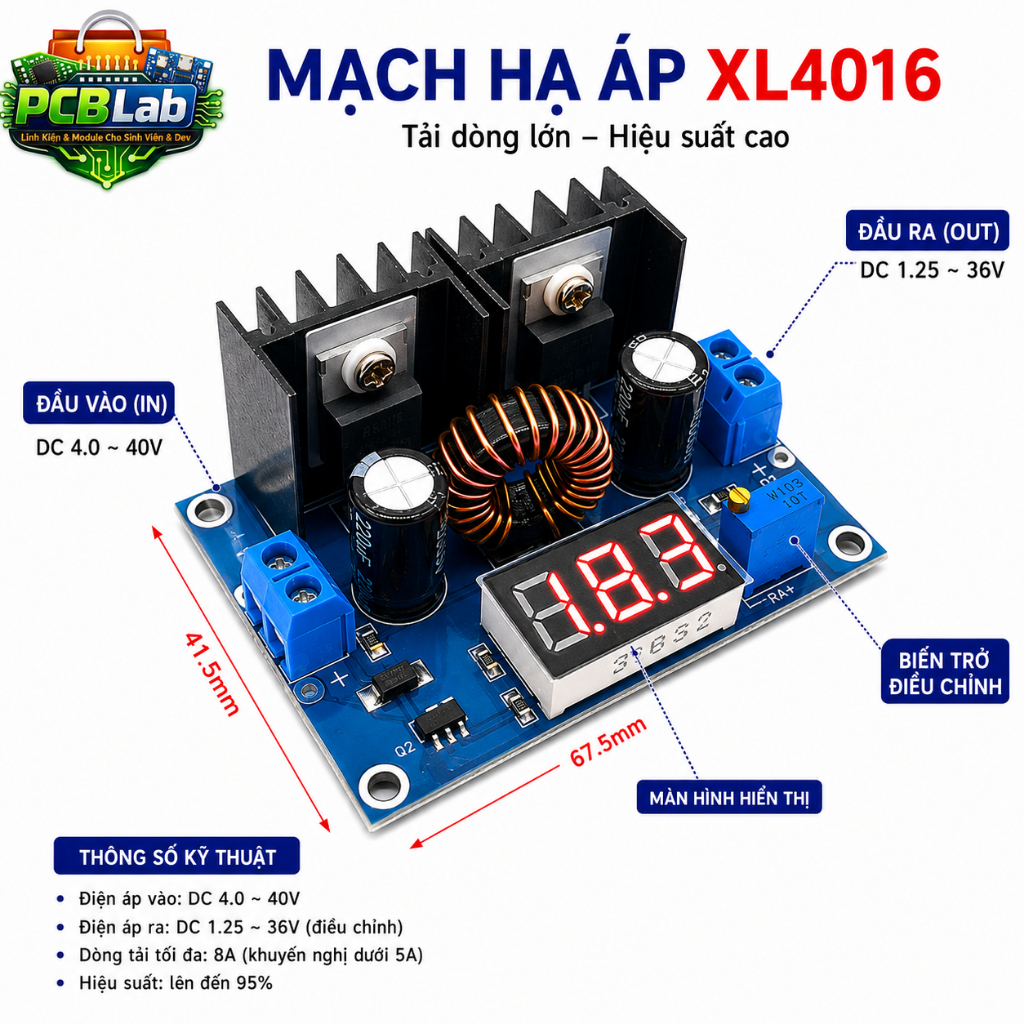 Mạch hạ áp XL4016 DC-DC 8A có màn hình hiển thị điện áp điều chỉnh 1.25-36V