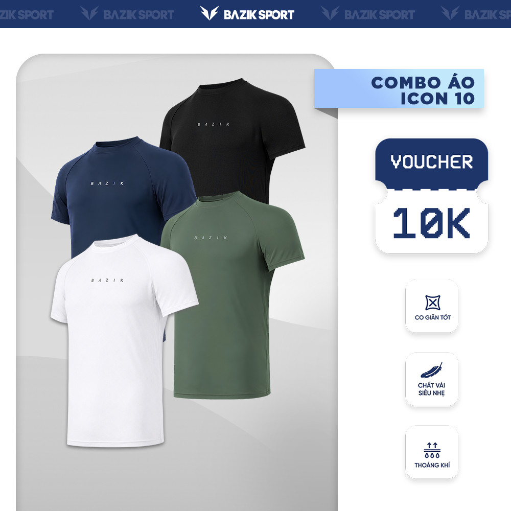 COMBO 2 Áo Thun Thể Thao Nam BAZIK Icon 10 Relax Fit Co giãn 4 chiều, Vận động Thoải mái, Thoáng khí