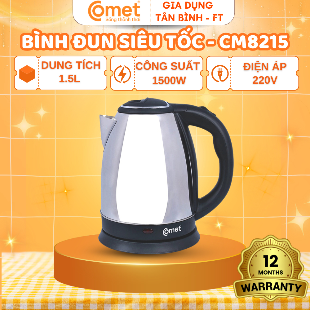 Bình Đun Siêu Tốc COMET CM8215 1.5L Inox 1500W, Tự Ngắt Khi Sôi, Đế Xoay 360 Độ, Nấu Nước Nhanh