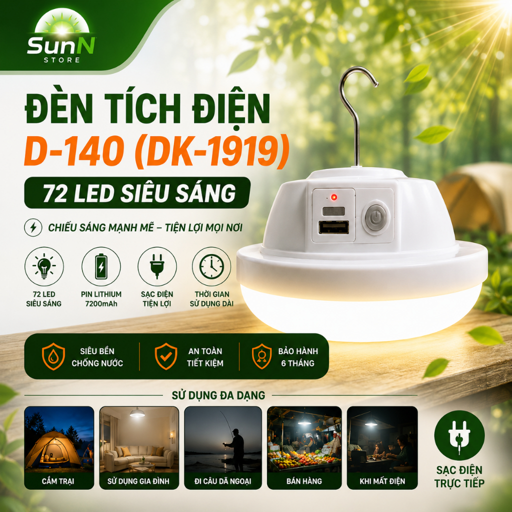 Đèn Tích Điện D-140 (DK-1919) – 72 LED Siêu Sáng – Pin Lithium 7200mAh