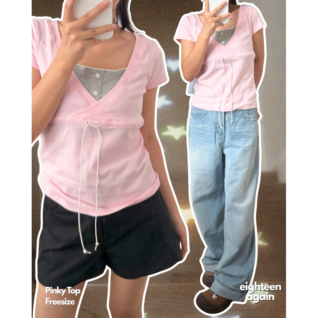 Pinky Top 𝐄𝐢𝐠𝐡𝐭𝐞𝐞𝐧 𝐀𝐠𝐚𝐢𝐧ミ★ Áo thun hồng xẻ ngực thời trang nữ