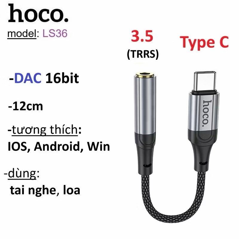 Cáp chuyển Type C to 3.5 Hoco LS36 DAC 16bit/48kHz -bảo hành 3 tháng