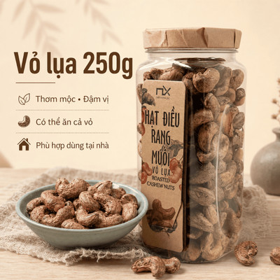 Hạt Điều Ăn Vặt Nam Xanh, Hạt Điều Loại 1 Rang Muối Vỏ Lụa, Nguyên Liệu Tự Nhiên, Hũ 250g