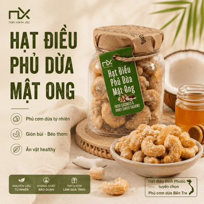 Hũ Hạt Điều Ăn Vặt Nam Xanh, Điều Phủ Dừa Mật Ong, Không Sử Dụng Dầu, Nguyên Liệu Tự Nhiên, Hũ 80g
