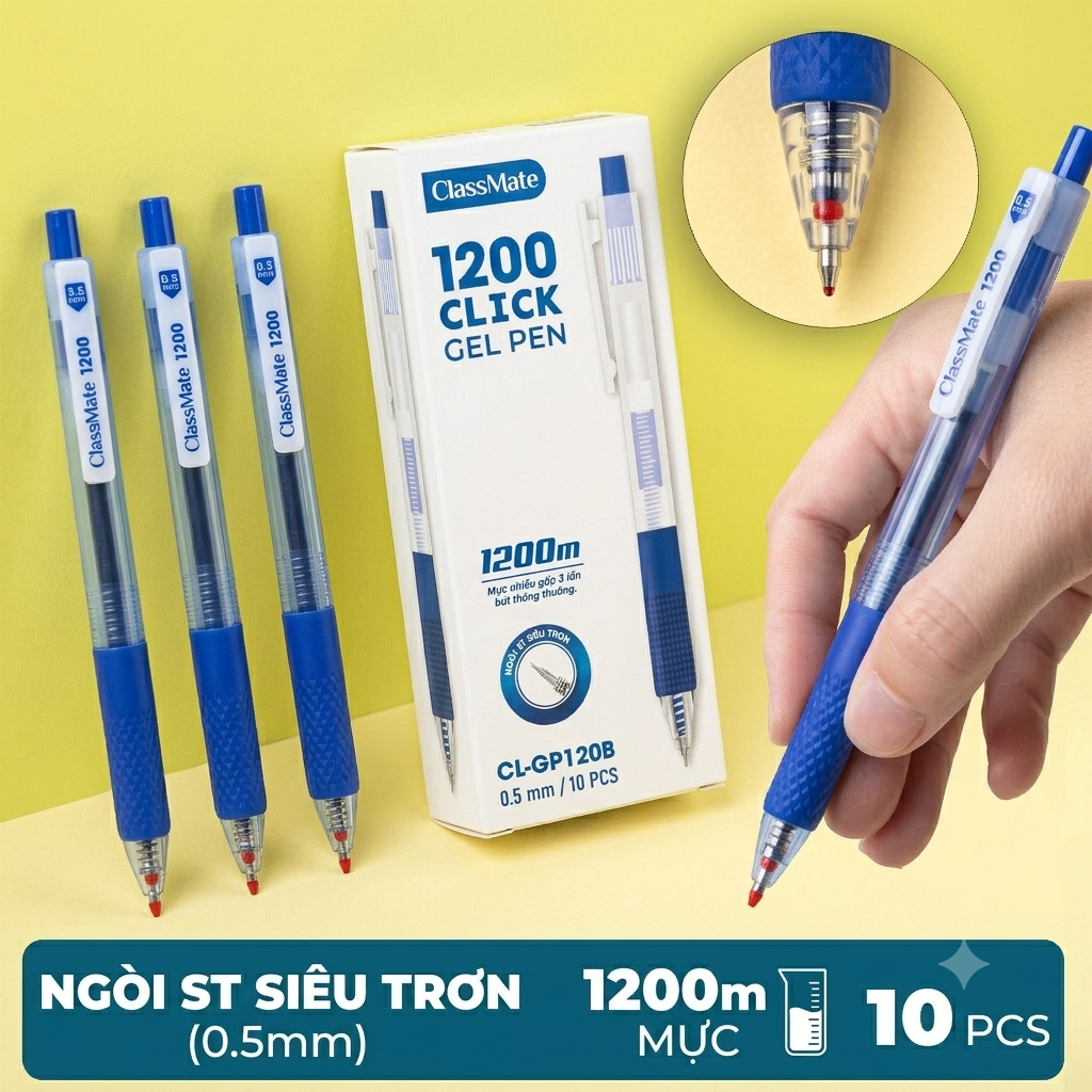 Hộp 10 Bút Gel Bấm CLASSMATE Ống Mực Lớn X3 Lần Dùng Lâu Siêu Tiết Kiệm, Ngòi ST 0.5mm Viết Trơn Mượ