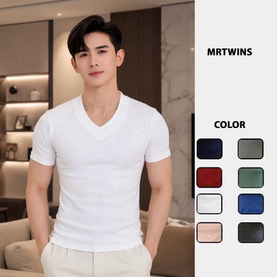 Áo Thun Tay Ngắn Cổ Tim Form Body Cotton Tăm Gân Thương Hiệu Mr Twins