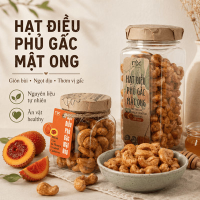 Hạt Điều Ăn Vặt Nam Xanh, Điều Phủ Gấc Mật Ong, Điều Loại 1 Bình Phước, Size Chuẩn Xuất Khẩu