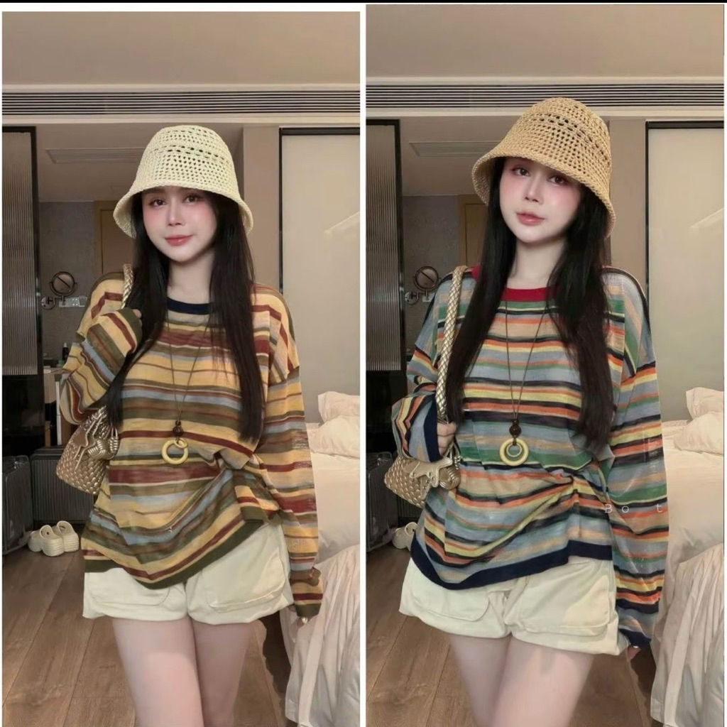 [LEN GIẤY QC] áo len giấy mỏng mix kẻ siuu xinh