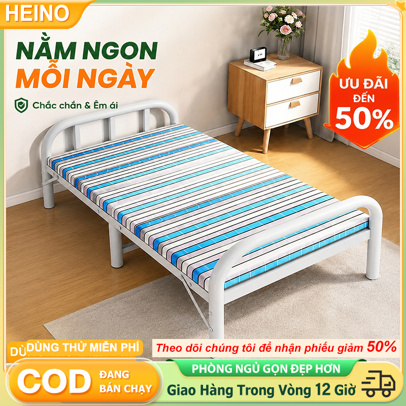 HEINO Giường Gấp Gọn 75/100/120cm Giường Xếp Khung Thép Có Ván Gỗ 12mm Không Cần Lắp Cho Phòng Trọ