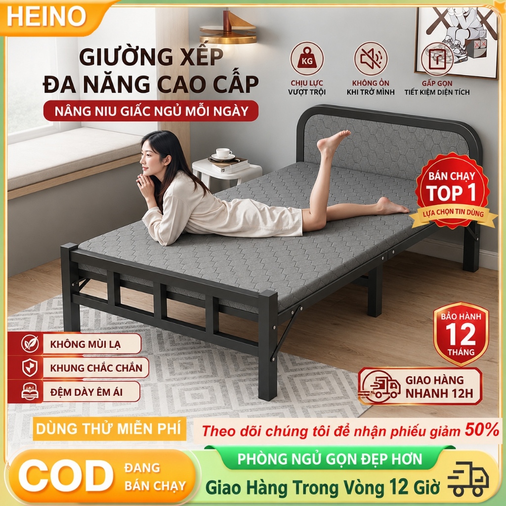 Giường Gấp Gọn HEINO Khung Sắt Dài Thực Tế 190cm Lòng Giường 186cm Rộng 75/100/120cm