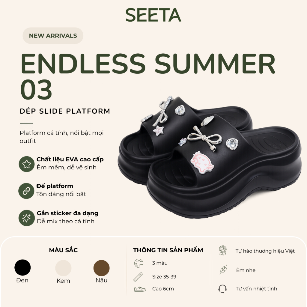 SEETA Dép Slide Nữ Platform ES03 EVA Cao Cấp Gắn Charm Ngẫu Nhiên Chống Nước Êm Chân Đi Biển Đi Chơi