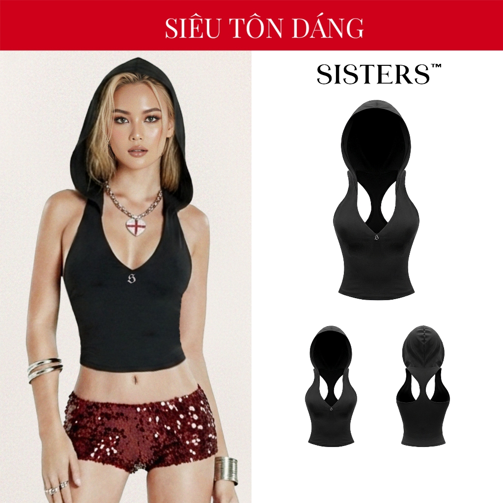 Áo sát nách nữ dáng croptop phối mũ SISTERS cổ V sâu đính logo inox lưng dây chữ Y ôm sát dáng Anara