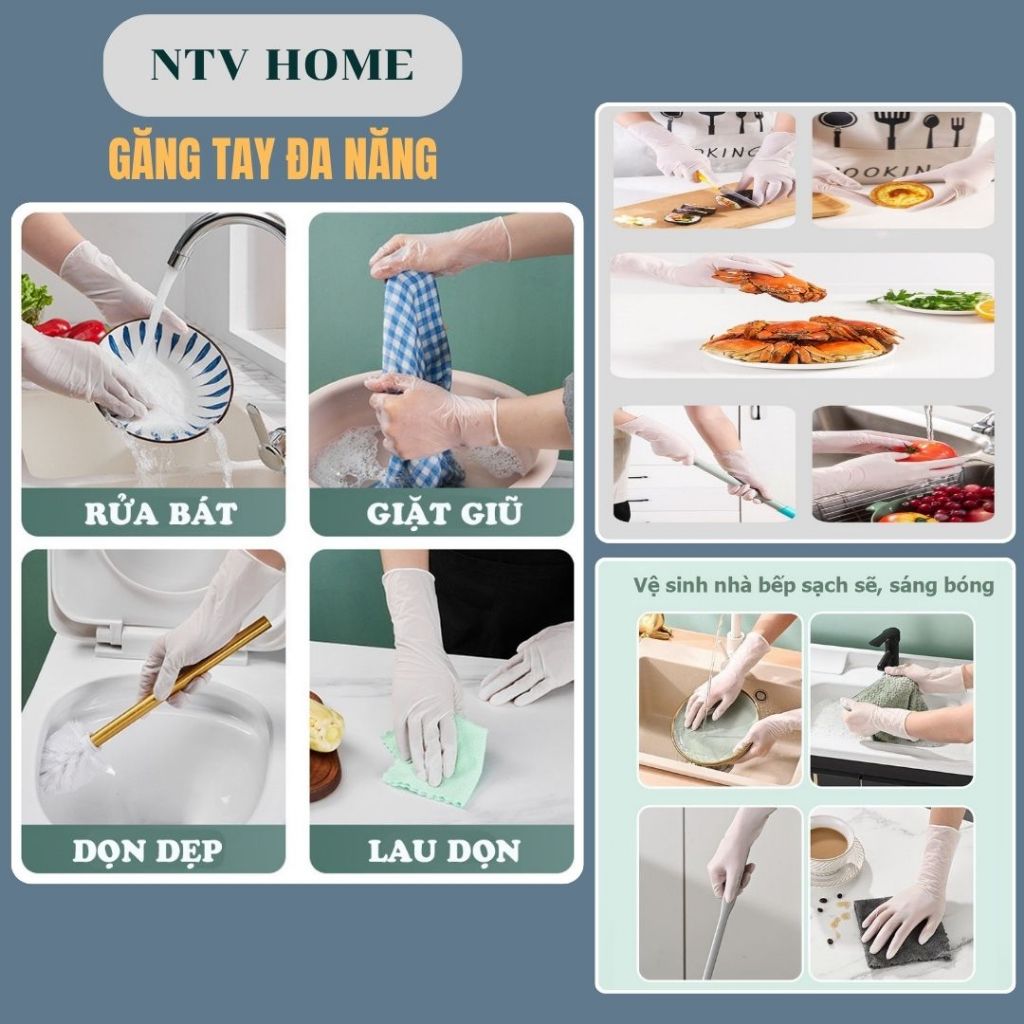 NTV HOME Hộp 30 găng tay làm bếp nếu ăn, Găng tay rửa bát siêu dai không mùi sử dụng nhiều lần
