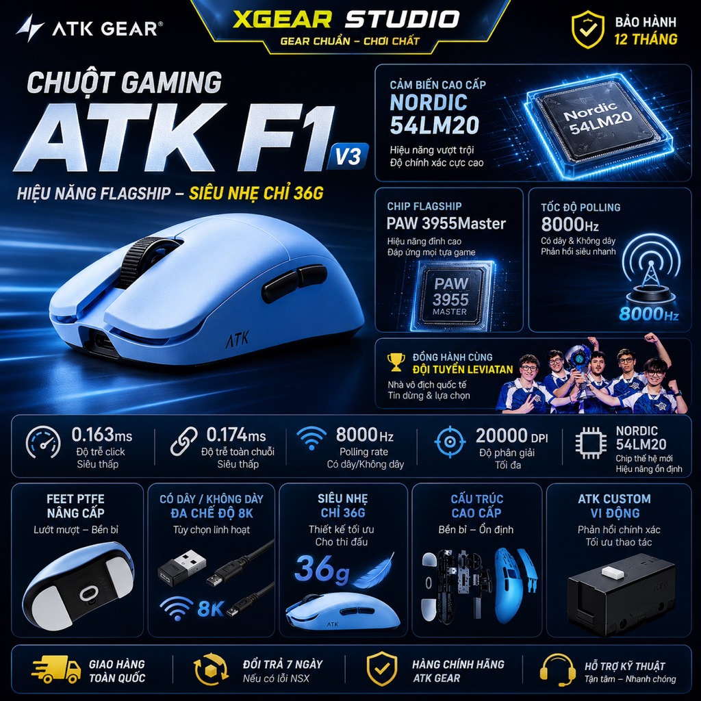 ATK F1 V3 Series - Chuột Không Dây ATK F1 V3 Nhẹ 38g, Cảm Biến PAW3950 Ultra, Polling Rate 8000Hz - Hiệu Suất Đỉnh Cao | BigBuy360 - bigbuy360.vn