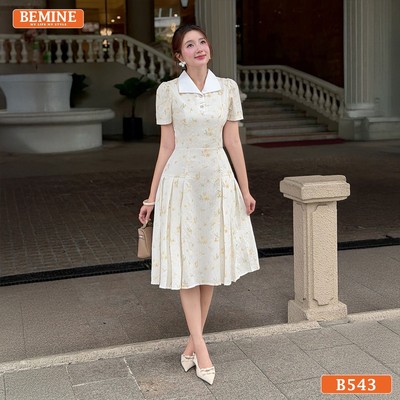 Đầm thiết kế BEMINE cổ sơ mi họa tiết hoa dáng chữ A phù hợp đi chơi-B543