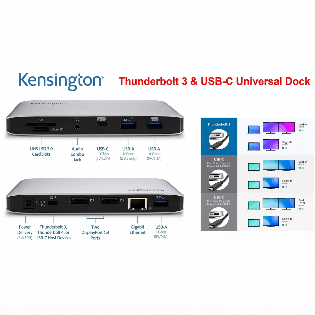 Bộ Mở Rộng Kensington Thunderbolt 3 / USB-C Docking Station - Xuất 2 Màn 4K, Sạc Laptop, Cổng LAN, T