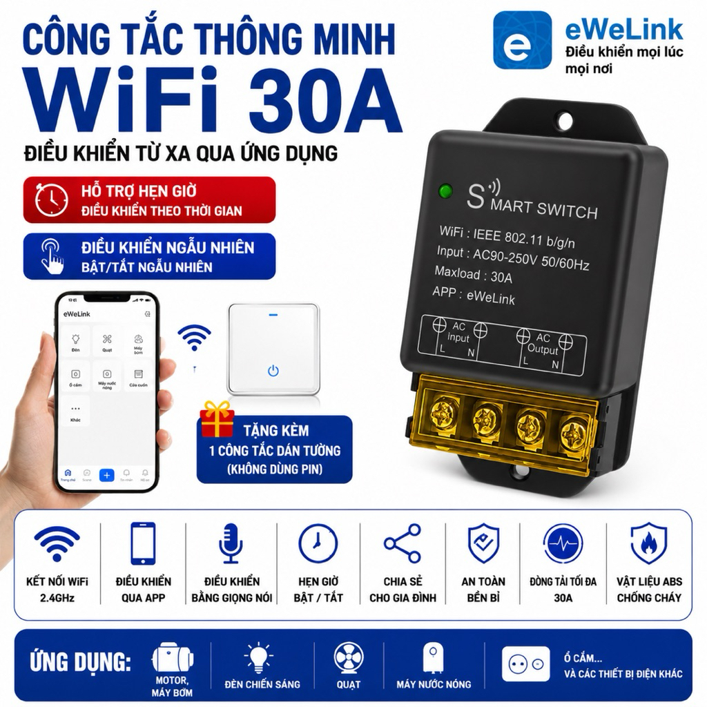 eWeLink - Công Tắc WiFi Thông Minh 30A eWeLink + Bluetooth - Điều Khiển Từ Xa Qua Điện Thoại, Home A