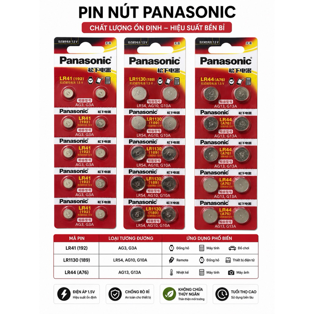 [vỉ 10 viên] Pin Nút Panasonic LR41 (192) / LR1130 (189) / LR44 (A76) 1.5V – Dùng Cho Đồng Hồ, Remot