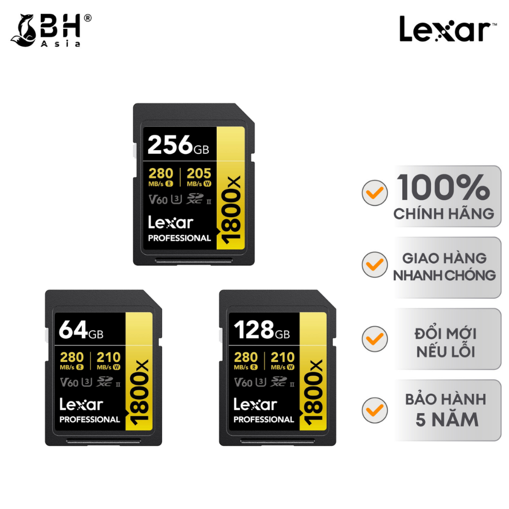BH Asia - Thẻ Nhớ Lexar Professional 1800x UHS-II SDXC 64GB/ 128GB/ 256GB V60 - Tốc Độ Đọc 280MB/s -