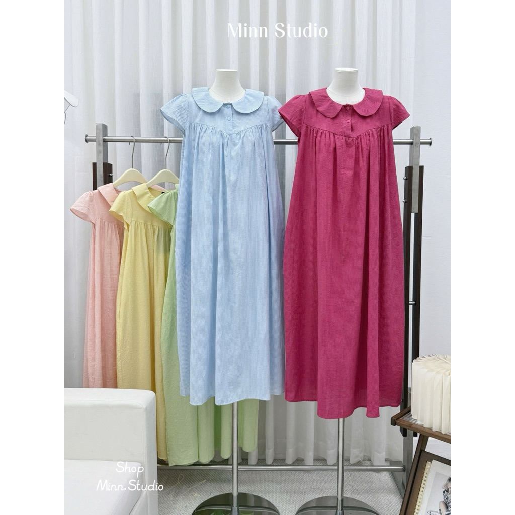 [Minn.studio] Váy Suông Babydoll Cổ Sen Chất Đũi Mềm, Phom Dài