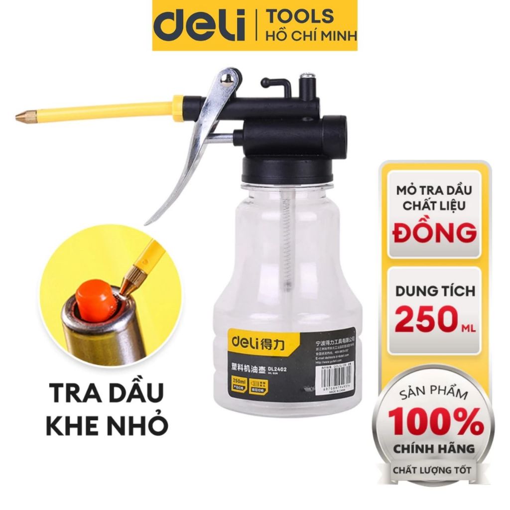 Bình bơm nhớt, tra dầu 220ml Deli Tool - Bình vịt dầu thân sắt, lực siêu mạnh