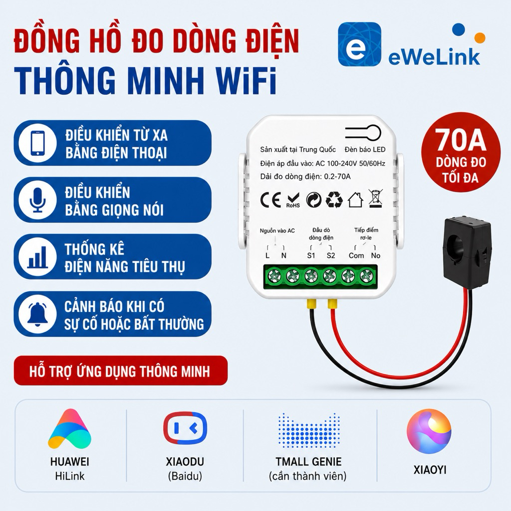 eWeLink - Đồng Hồ Đo Điện Năng WiFi 70A eWeLink- Home Assistant- Đo Dòng Điện, Điện Áp, Công Suất, Đ