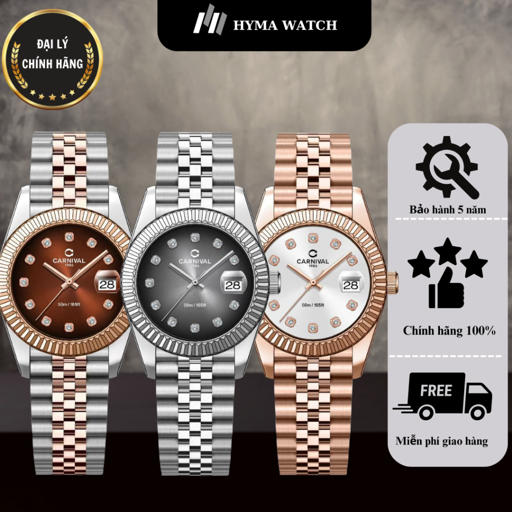 Đồng hồ Nữ Carnival 8250L Dây thép kính sapphire Bảo hành 5 năm Hyma Watch