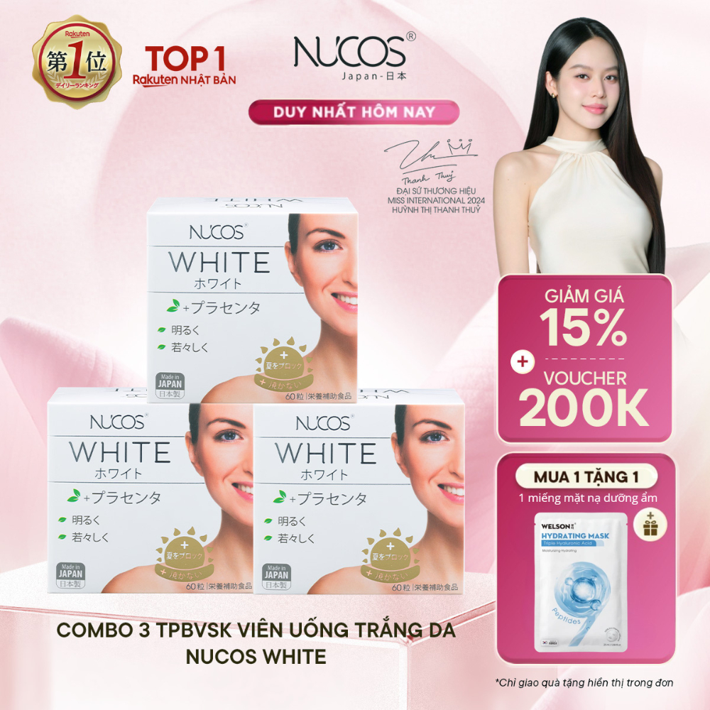 [3 Hộp] TPBVSK Viên Uống Trắng Da Nucos White Hỗ Trợ Mờ Thâm Nám Sáng Da Chống Nắng [3 Hộpx60 viên]