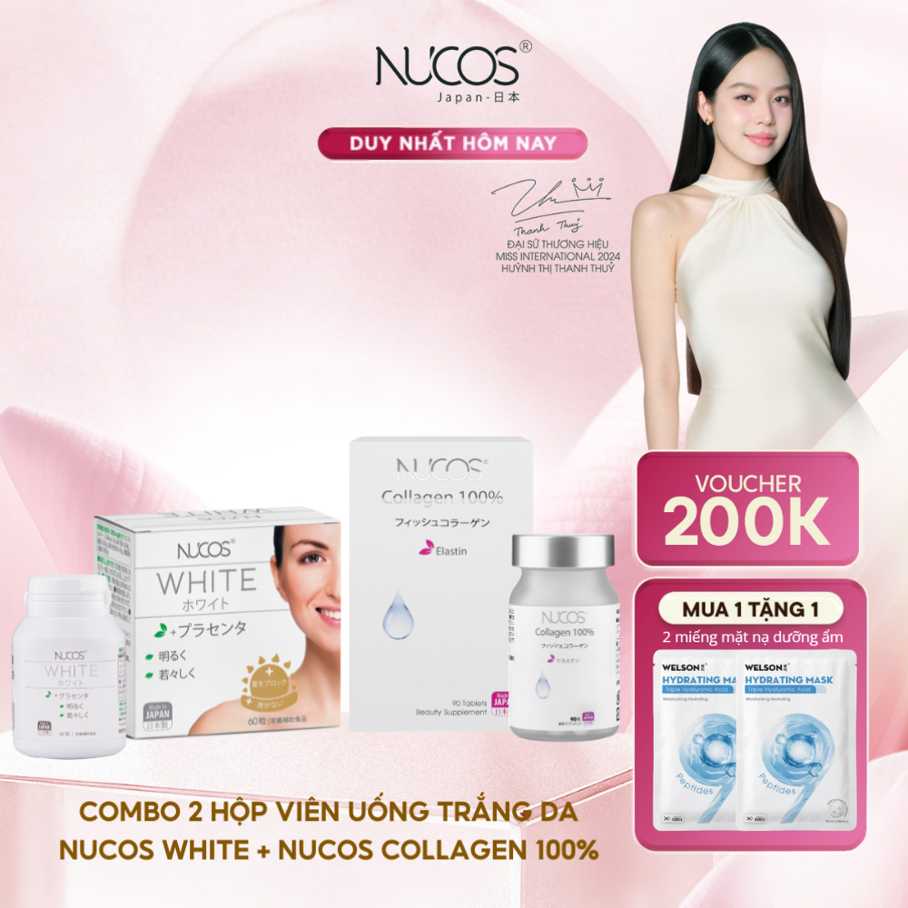 TPBVSK Combo Trắng Da Chống Lão Hoá Viên Uống Nucos White Hộp 60Viên, Nucos Collagen 100% Hộp 90Viên