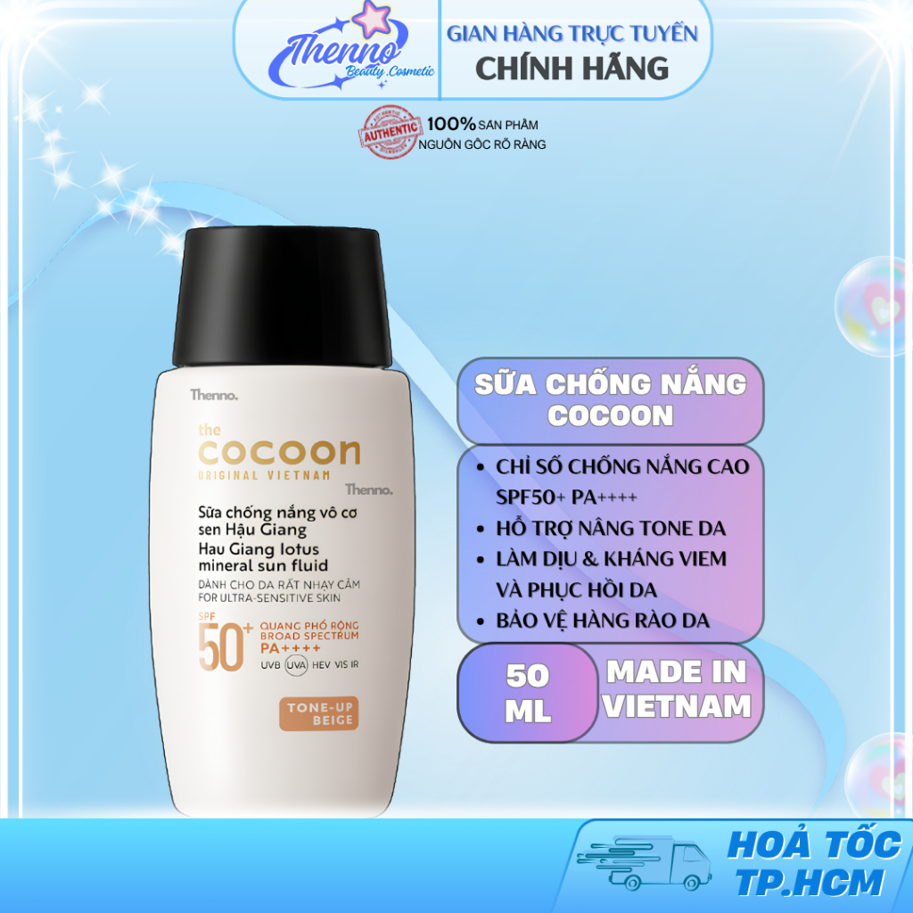 Sữa Chống Nắng Nâng Tone Vô Cơ Sen Hậu Giang Cocoon Tone-Up Beige Lotus Mineral Sun Fluid SPF50+ PA+