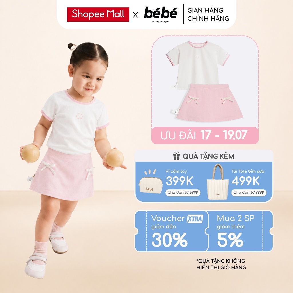 Set Bé Gái BéBé Áo Thun Icon và Chân Váy A Đính Nơ