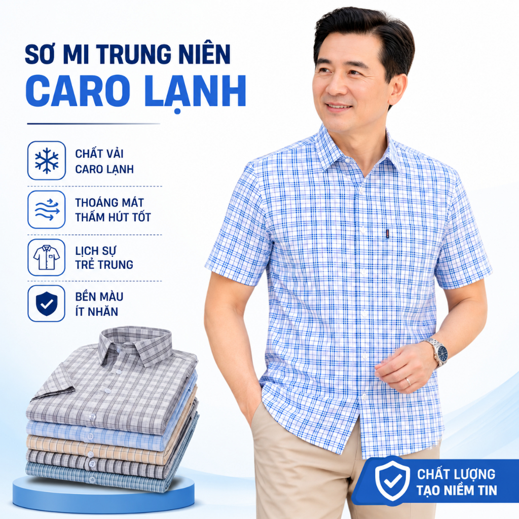 Áo sơ mi caro nam ngắn tay trung niên vải lụa mềm mịn form rộng có túi GEN ALPHA, sơ mi trung niên G
