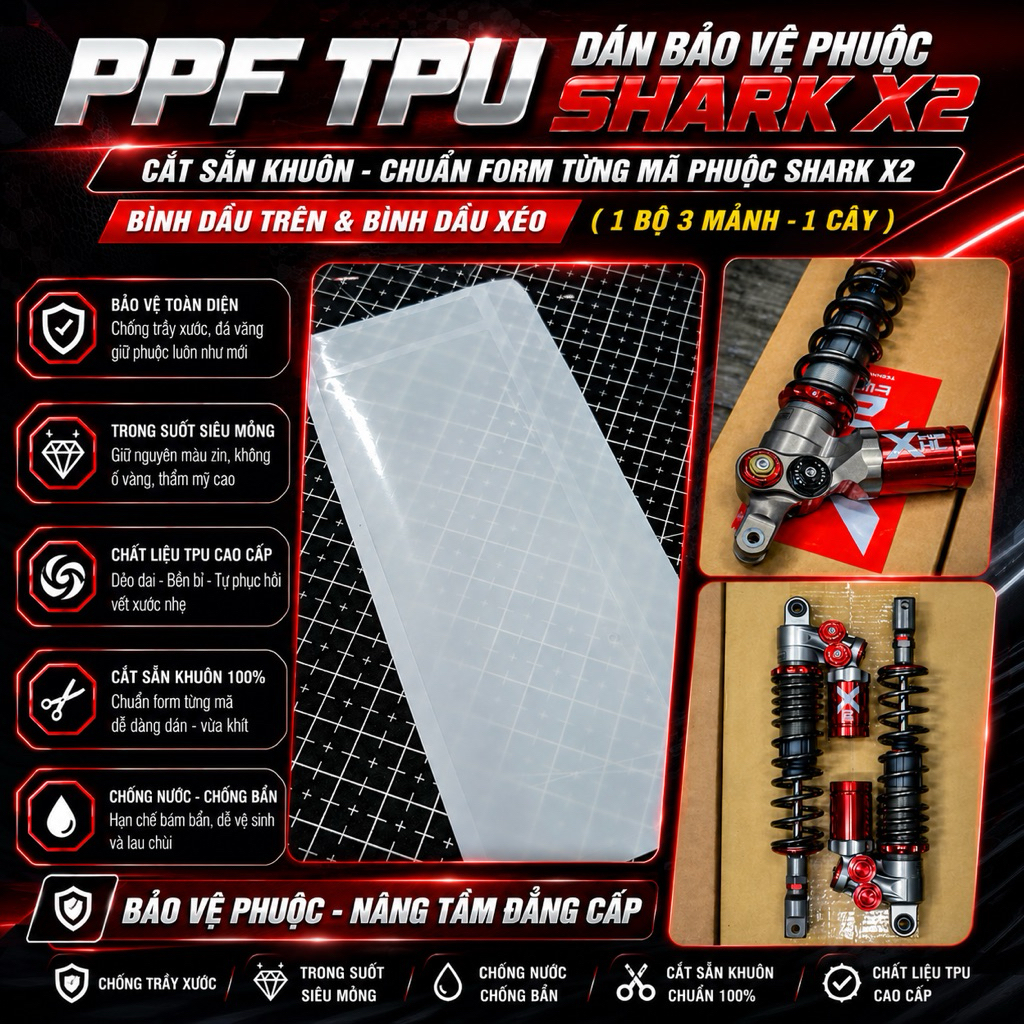 PPF TPU 7.5ML - Dán Bảo Vệ Phuộc Shark X2 - Cắt Sẵn Khuôn Các Mã Shark X2 Bình Dầu Trên & Bình Dầu X