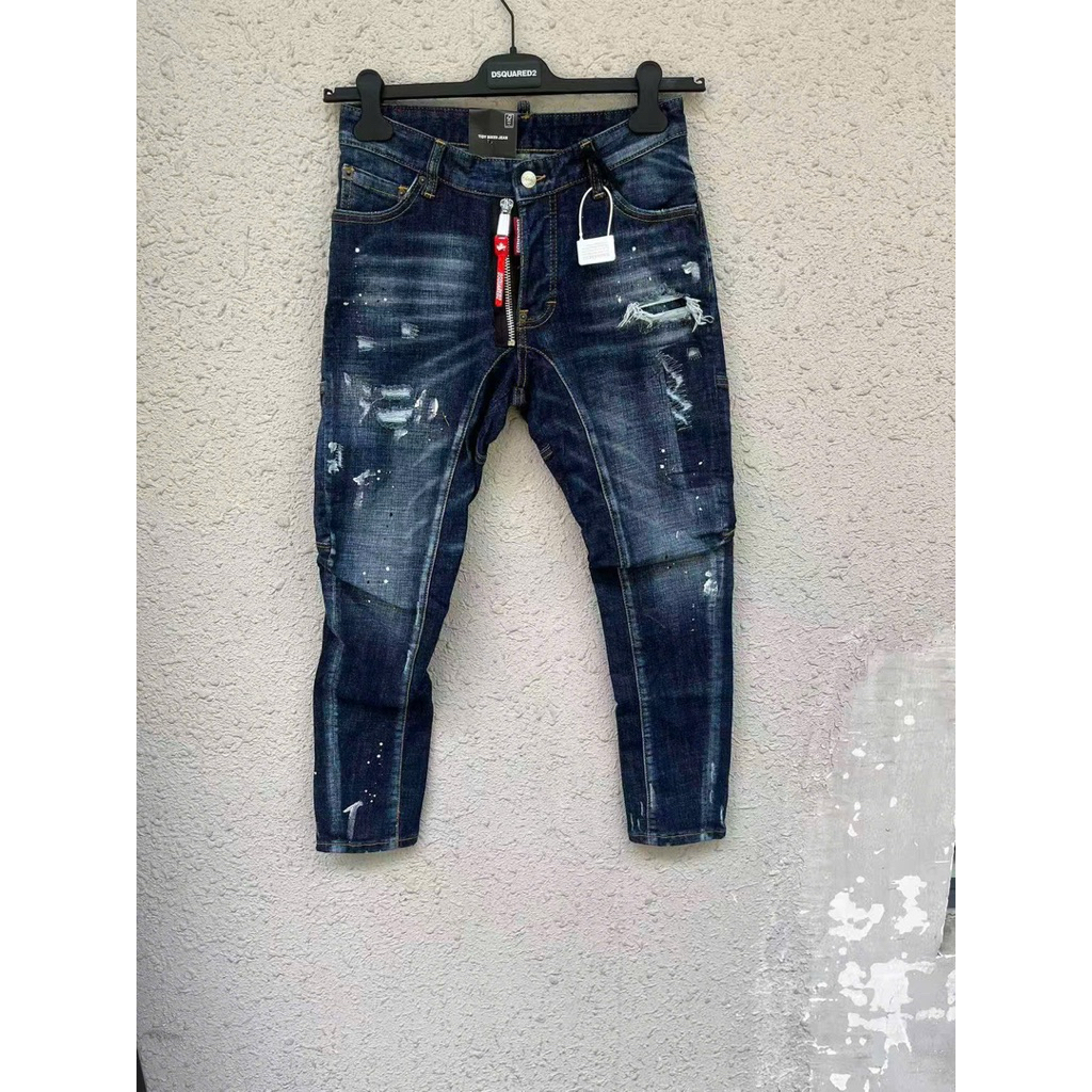 Quần Jean Xanh Dsq Mã D2- 2 Tag Đỏ Bản Tidy Biker Khoá Lệch Chất Bò Mềm Mịn Ống Côn