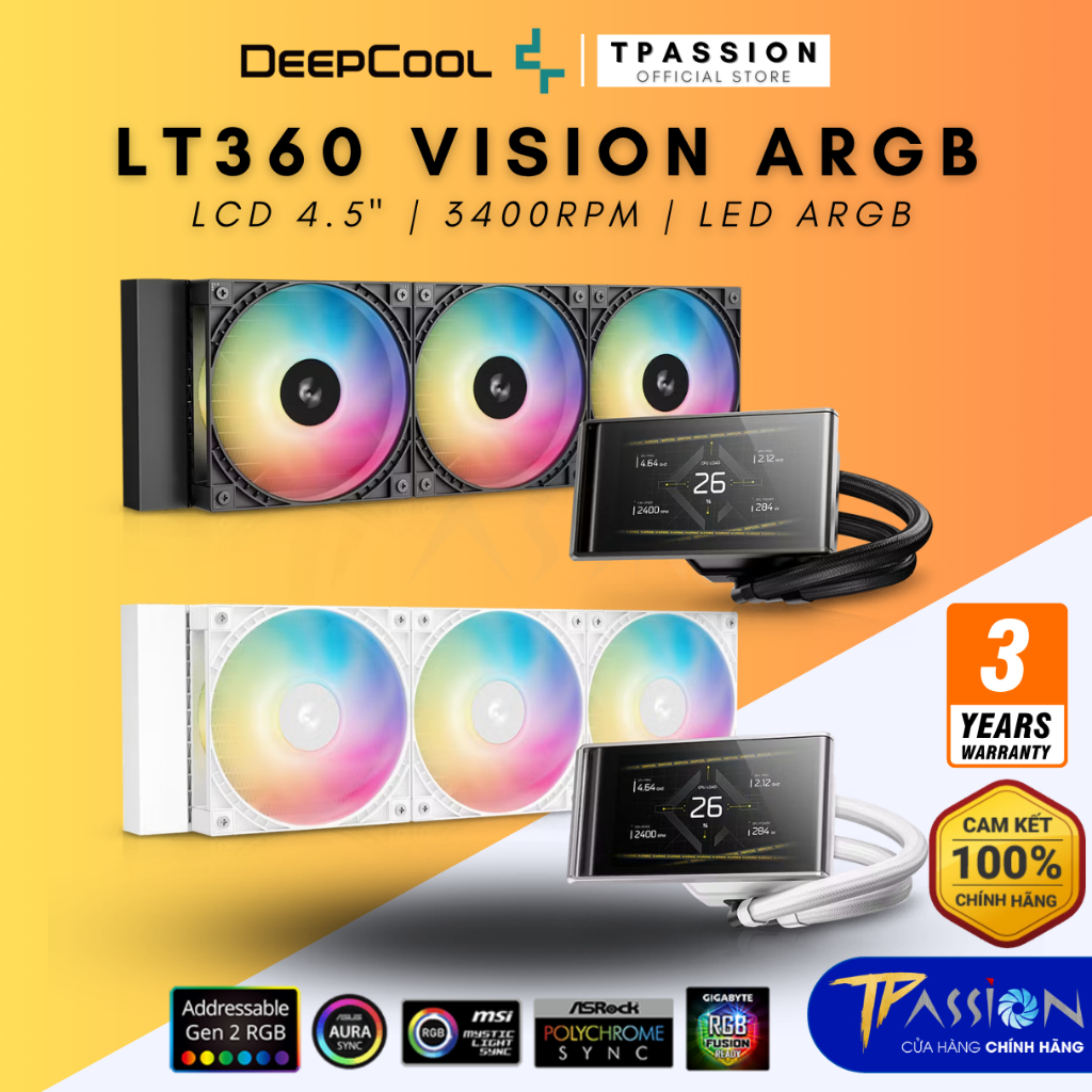 Tản nhiệt nước AIO CPU DEEPCOOL LT360 BLACK / WHITE ARGB MÀN HÌNH LCD XOAY 90 ĐỘ - Chính hãng, PWM