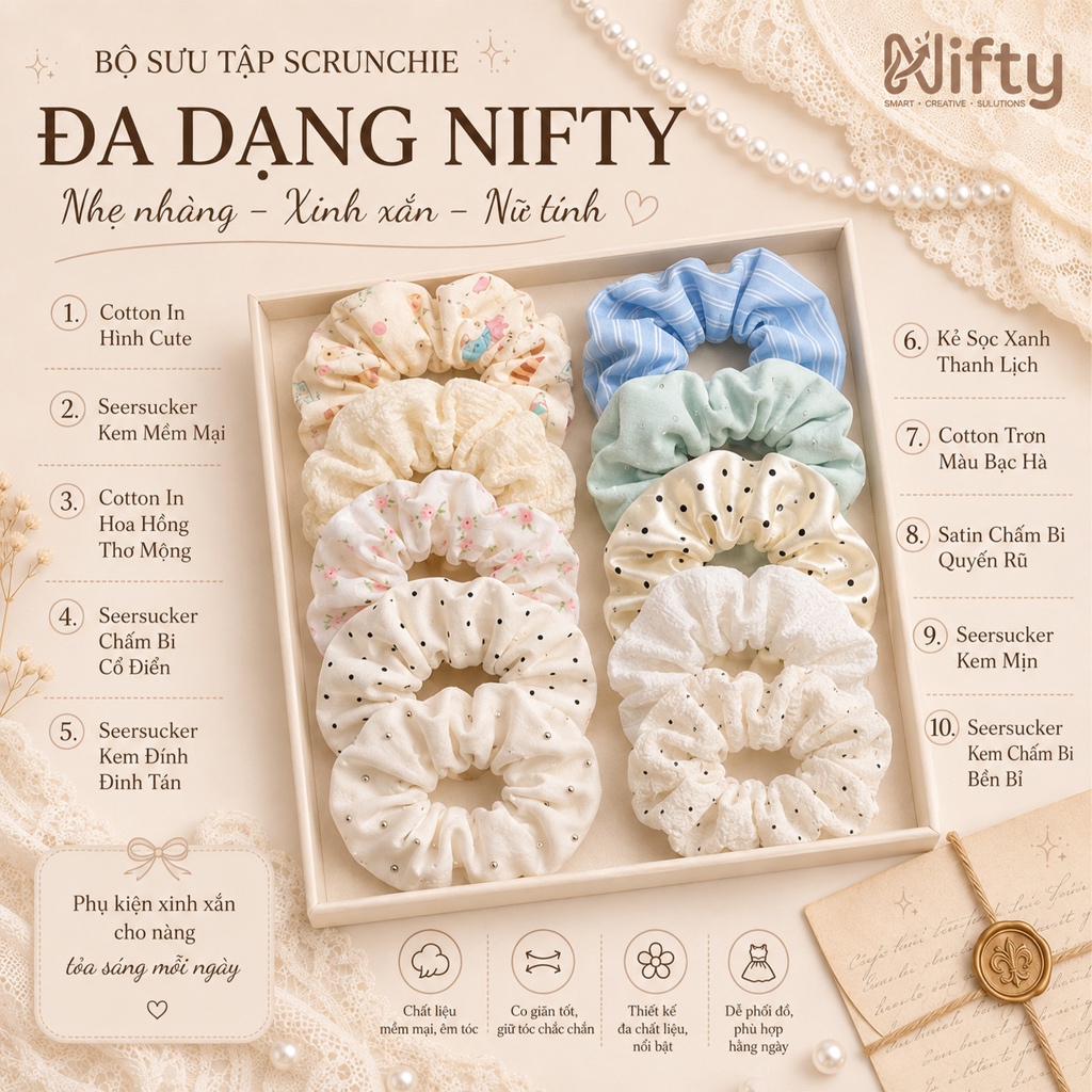Thun Cột Tóc Scrunchies Nữ Nhiều Mẫu Nifty – Chất Liệu Cotton, Satin Mềm Mại, Co Giãn Tốt