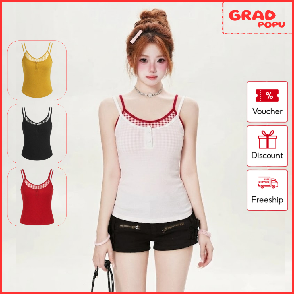 Áo hai dây nữ GRADPOPU phối caro giả 2 mảnh ôm body gợi cảm chất thun gân co giãn thoáng mát PB100