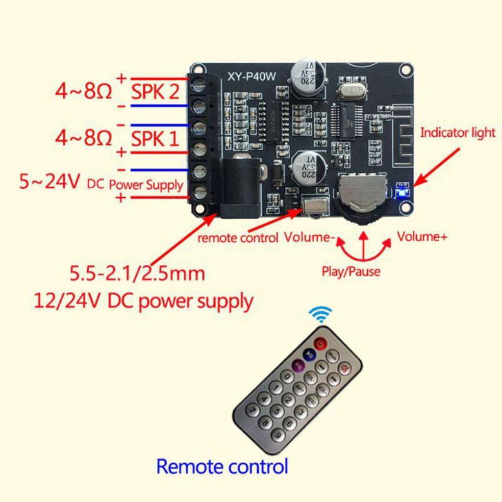 Mạch âm thanh Bluetooth 5.0 XY-P40W là mạch khuếch đại Class-D kênh đôi.
