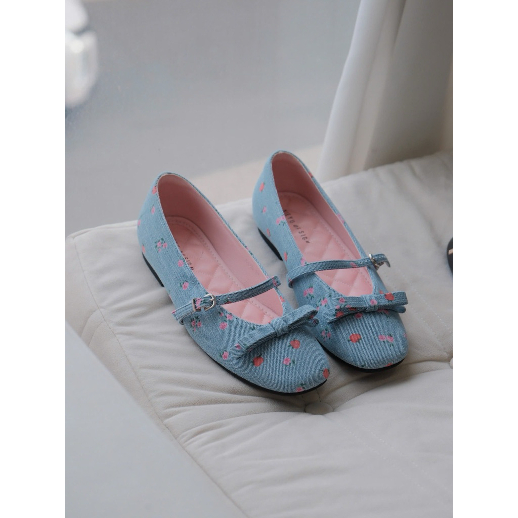 Kachi House 6126 Giày búp bê denim đính nơ tiểu thư