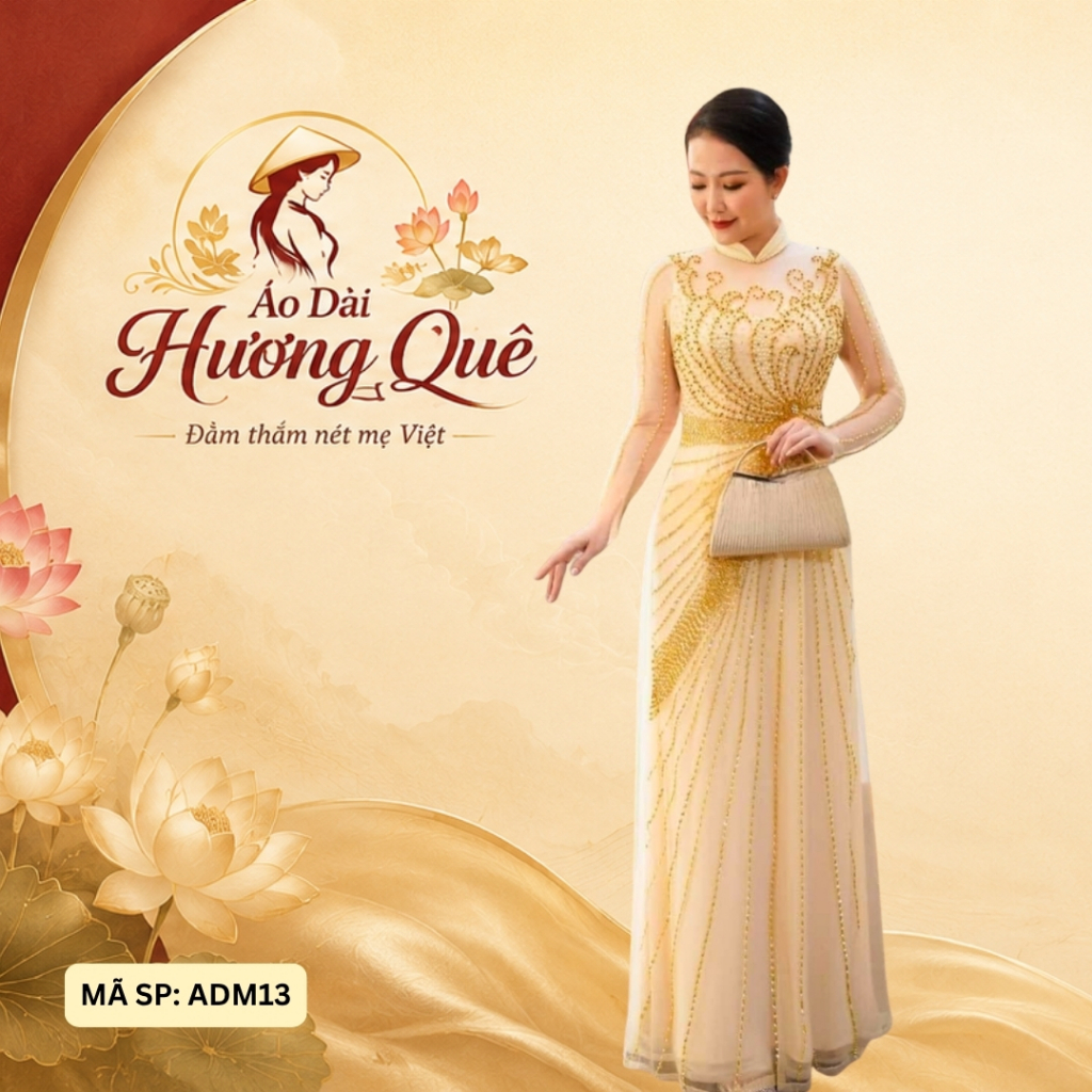 Áo dài bà sui cao cấp màu kem vàng sang trọng bigsize Áo dài ngồi sui đẹp cho mẹ trẻ ADM13