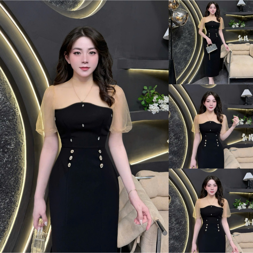 2HS75 - Váy Thiết Kế Eviici dành cho nữ, thiết kế phối lưới, tay bồng dáng bút chì xuông