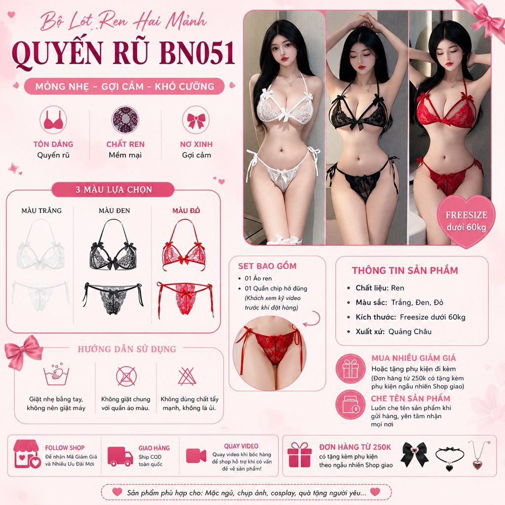 BN051 Bộ Lót Ren Hai Mảnh Quyến Rũ, Quần Khoét Đũng Sexy (Xem kỹ video sp trước khi mua)