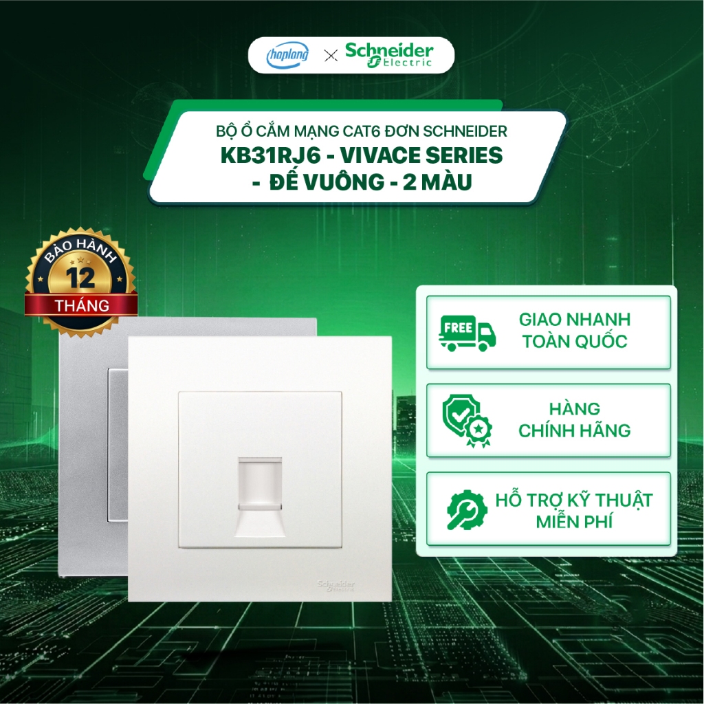 Bộ ổ cắm mạng 1.5A cat6 đơn Schneider KB31RJ6_WE - Vivace Series -  Đế vuông - 2 màu - KB31RJ6_AS