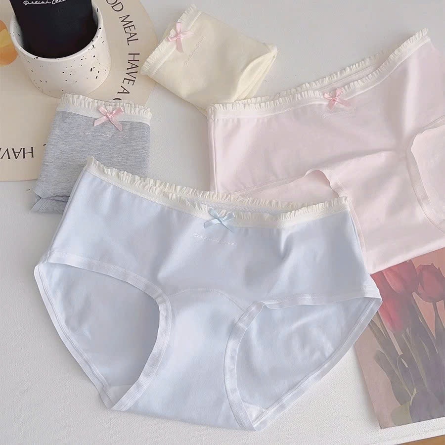 Quần Lót Nữ Cotton Viền Ren Đính Nơ Tinh Tế, Quần Chip Nữ Cạp Vừa Đáy May 2 Lớp Kháng Khuẩn L4119