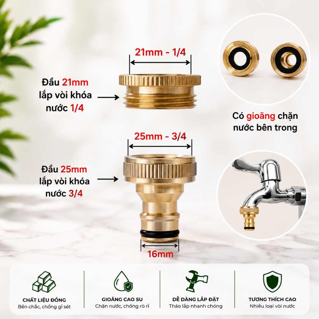 Cút đồng lắp vòi khoá nước gia đình tiện lợi (CỐC ĐỒNG LẮP VÒI 21) MÃ 004F